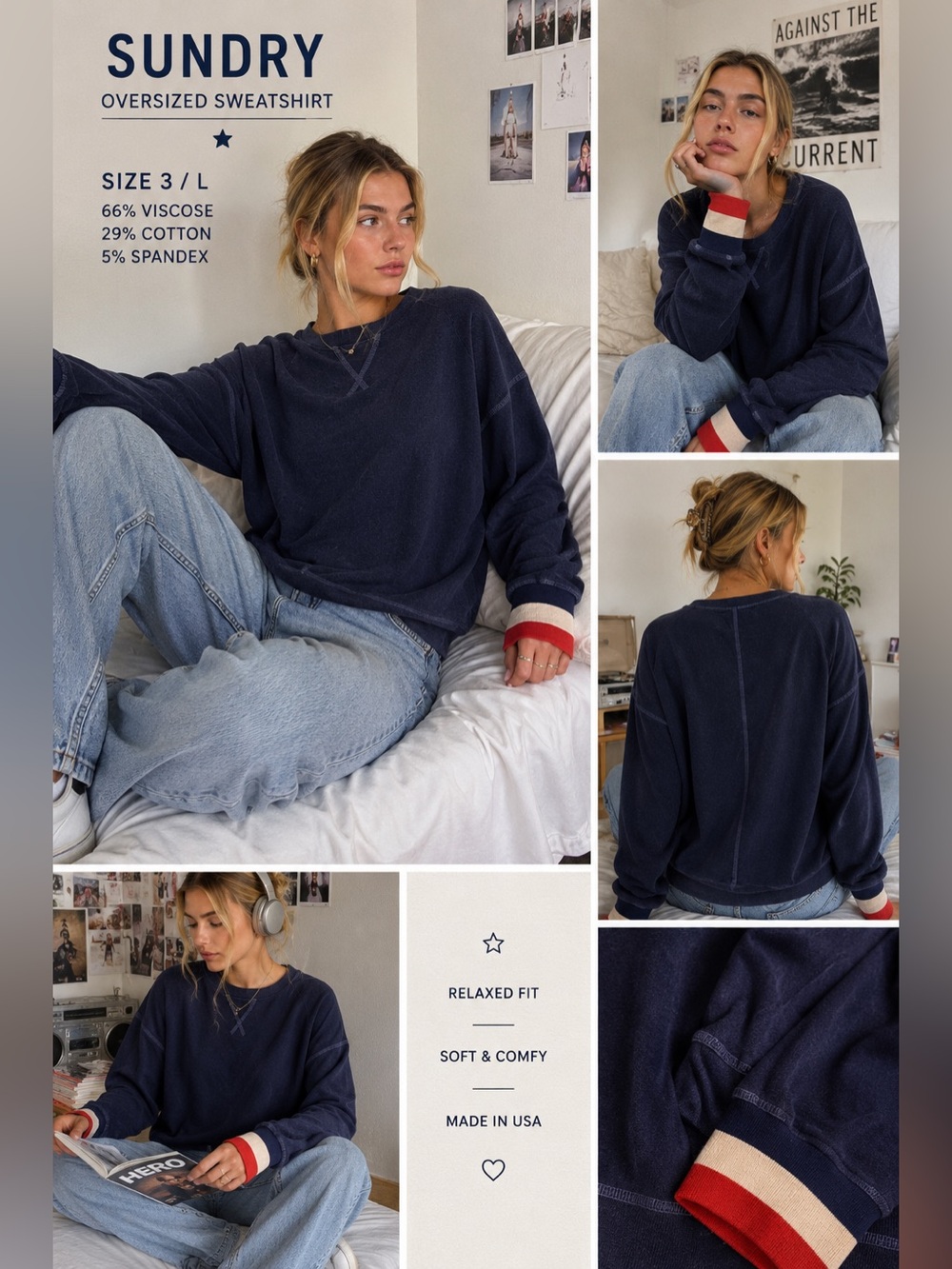 Sundry Oversized Sweatshirt Navy Relaxed Fit Contrast Cuffs Size 3 L Made in USA